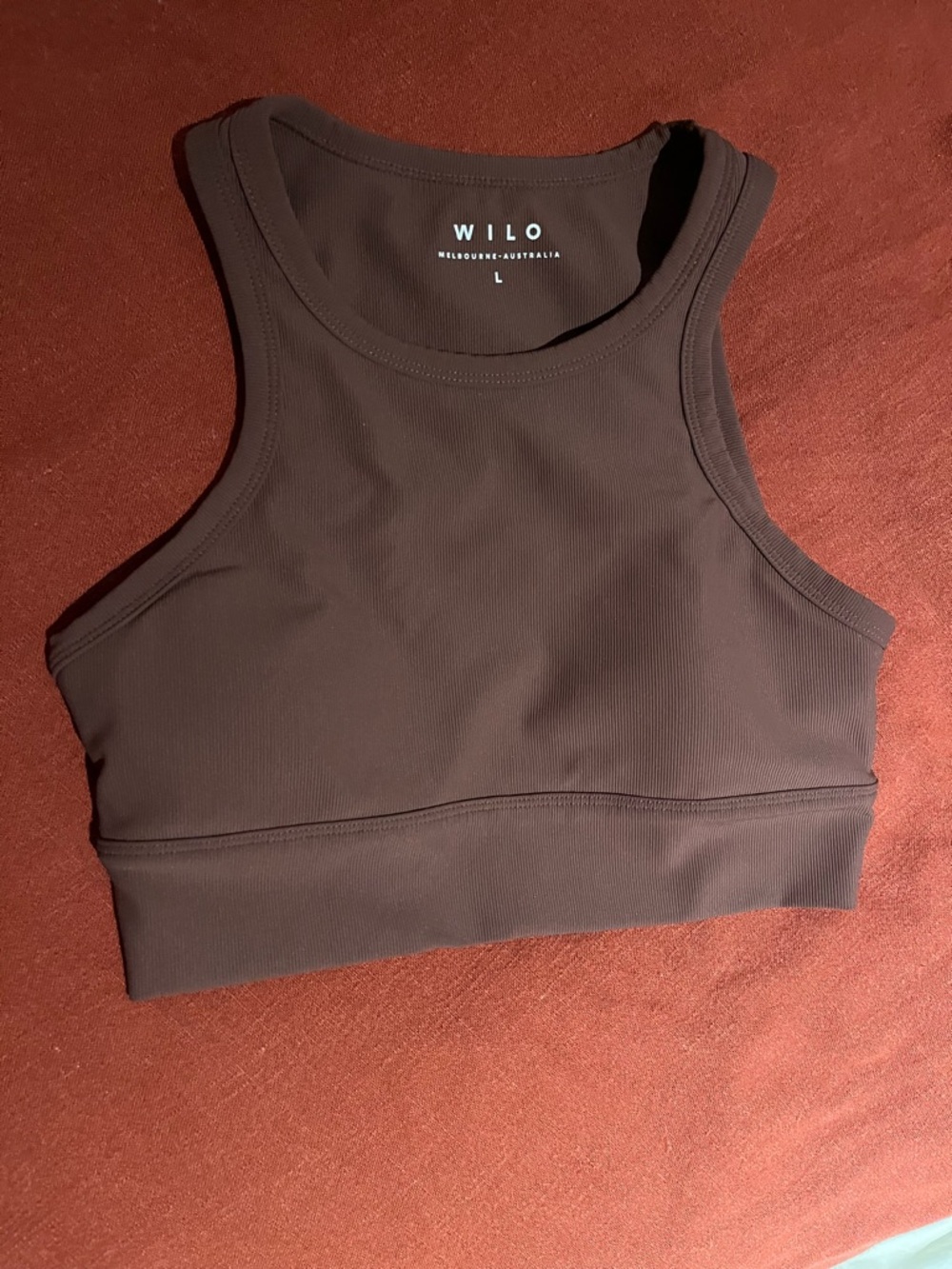 WILO Ribbed High-Neck Crop Sports Bra in Brown